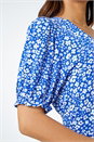 Blue Floral Print Frill Hem Tea Dress, Image 5 of 5