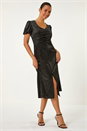 Black Velvet Ruched Front Stretch Midi Dress, Image 2 of 5