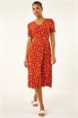 Dark Orange Polka Dot Ruched Sleeve Midi Dress, Image 3 of 6