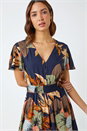 Navy  Angel Sleeve Floral Print Midi Dress, Image 4 of 5