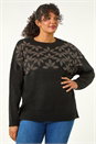 Black Curve Leaf Print Sparkly Knit Jumper, Image 1 of 5