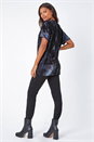 Blue Abstract Print Zip Front V-Neck T-Shirt , Image 3 of 5