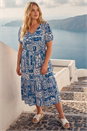 Blue Curve Postcard Print Midi Dress , Image 1 of 4