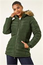 Khaki Faux Fur Hooded Quilt Coat, Image 1 of 5