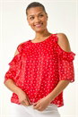 Red Spot Print Frill Cold Shoulder Top, Image 2 of 5