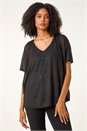 Black Glitter Mesh Overlay Tunic Stretch Top, Image 4 of 5