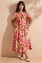 Pink Floral Print Tie Front Midi Dress, Image 1 of 4