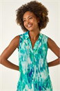 Blue Abstract Print Button Up Longline Blouse, Image 4 of 5
