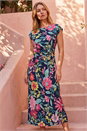 Navy Floral Leaf Print Wrap Twist Dress, Image 1 of 4