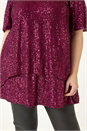 Bordeaux Curve Sequin Overlay Flute Sleeve Top, Image 5 of 5