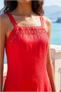 Red Linen Blend Lace Trim Midi Dress, Image 4 of 4
