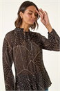 Black Spot Print Tie Neck Pleated Top, Image 1 of 5