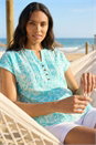 Turquoise Leaf Print V-Neck Button Top, Image 1 of 4