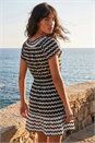 Black Zig Zag Border Print Shirred Dress, Image 3 of 4