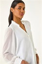 Ivory  Chiffon Sleeve V-Neck Pleated Top, Image 4 of 5