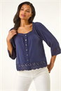 Navy  Button Up Broderie Stretch Blouse, Image 4 of 5