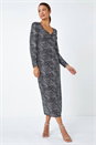 Silver Geometric Glitter Print Midi Stretch Dress, Image 2 of 5