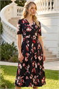 Red Floral Print Wrap Midi Stretch Dress, Image 1 of 4