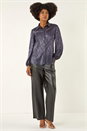 Midnight Blue Foil Plisse Button Through Blouse, Image 2 of 5