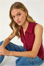 Wine Textured Sleeveless Buttoned Blouse, Image 1 of 7
