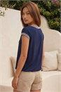 Navy  Contrast Cuff Stretch Top, Image 3 of 4