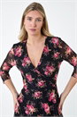 Black Floral Stretch Mesh Hanky Hem Wrap Dress, Image 4 of 5