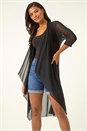 Black 3/4 Sleeve Mesh Longline Kimono, Image 4 of 7