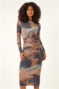 Rust Dusk Abstract Plisse Stretch Mesh Midi Dress, Image 4 of 7