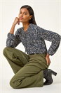Navy Printed Shirred Tie Neck Top, Image 1 of 5