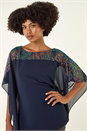 Navy  Sequin Yoke Contrast Chiffon Top, Image 4 of 5