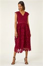 Burgundy Premium Crochet Lace Midi Dress, Image 3 of 6