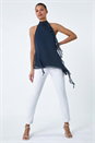 Navy  Halter Neck Asymmetric Frill Detail Top, Image 2 of 5
