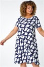 Navy Curve Geometric Print Pocket Stretch Dress, Image 1 of 5