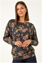 Purple Floral Print Drop Shoulder Stretch Top, Image 4 of 5