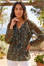 Green Floral Mesh Print Gathered Top, Image 1 of 4