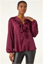 Wine Ruffle Front V-Neck Satin Blouse, Image 1 of 6