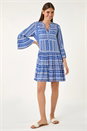 Royal Blue Aztec Print Frill Smock Dress, Image 2 of 5