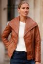 Tan Ashwood Leather Tan 'Isabella' Real Leather Wide Collar Biker Jacket, Image 1 of 5