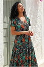 Black Leaf Print V-Neck Tiered Midi Dress , Image 3 of 4