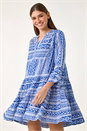 Royal Blue Aztec Print Frill Smock Dress, Image 1 of 5