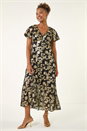 Black Burnout Floral Frill Midi Dress, Image 2 of 5