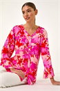 Pink Floral Print Flare Sleeve Blouse, Image 1 of 5