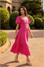 Pink Dusk Cotton Pleated Puff Midi Dress , Image 1 of 4