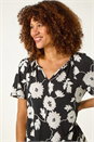 Black Textured Floral Print V-Neck Stretch Top, Image 1 of 5