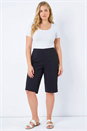 Black Curve Knee Length Elastic Waist Shorts, Image 1 of 4
