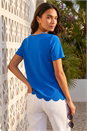 Royal Blue Scalloped Hem V-Neck T-Shirt, Image 3 of 4