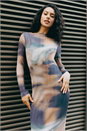 Rust Dusk Abstract Plisse Stretch Mesh Midi Dress, Image 7 of 7
