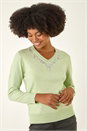 Pale Green V-Neck Sparkly Trim Jumper, Image 1 of 5