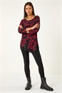 Red Floral Print Chiffon Hem Stretch Top, Image 1 of 5