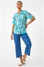 Blue Abstract Buttoned V-Neck Top, Image 1 of 5
